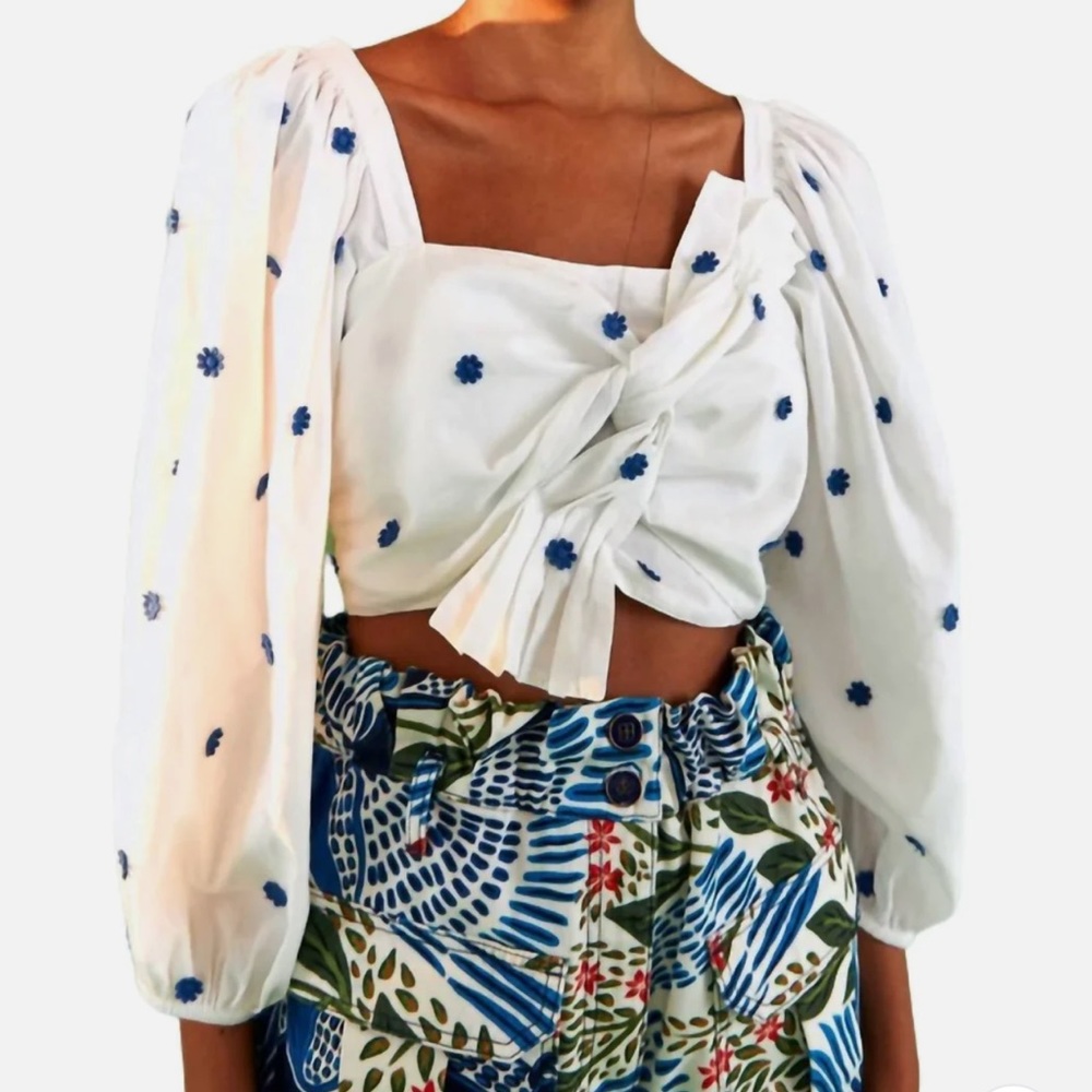 FARM Rio White and Blue Floral Top